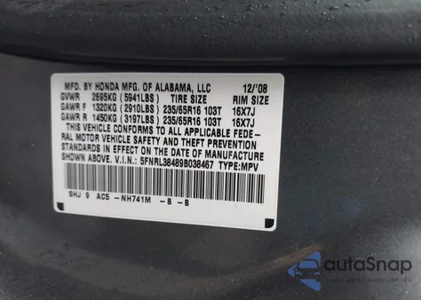 2009 Honda Odyssey Ex из США, поврежденный, VIN 5FNRL38489B038467